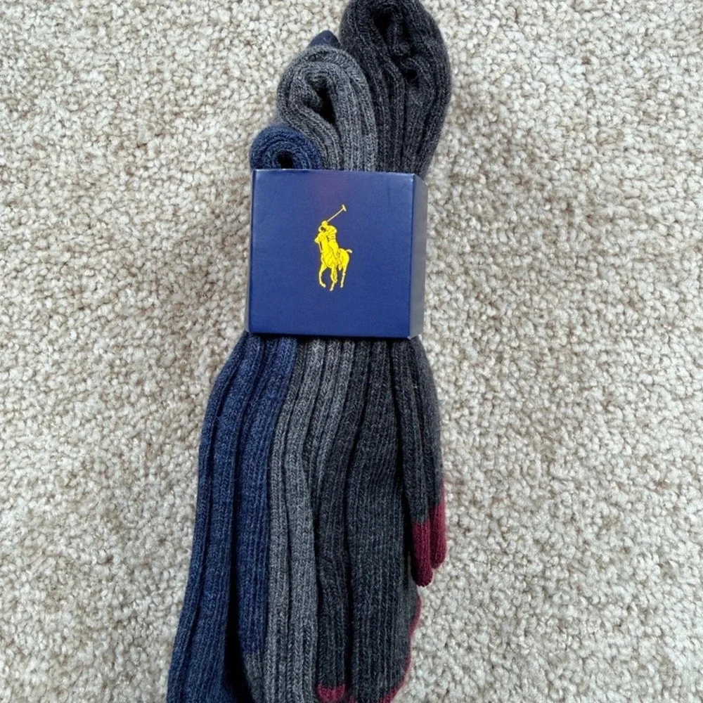 Polo Ralph Lauren Boys 3 Pack Ribbed Crew Socks Navy Gray Charcoal Size 8-9.5